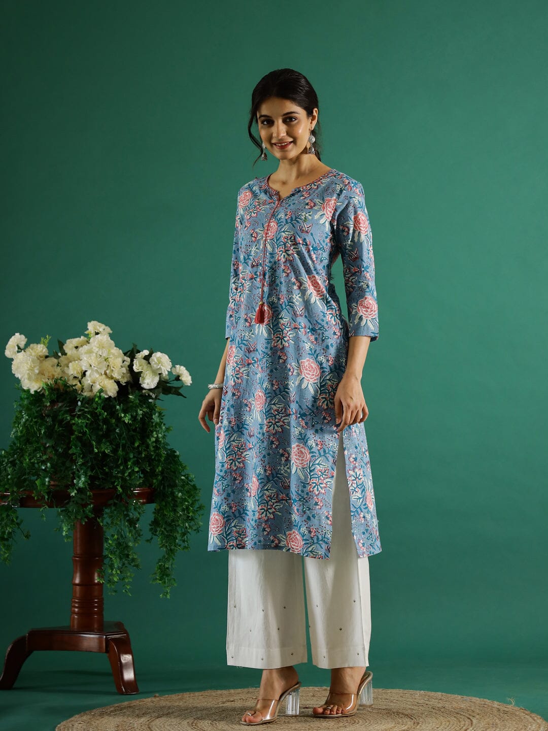 Blue Flower Printed Round Neck Cotton Kurta Kurti SANSKRUTI HOMES 