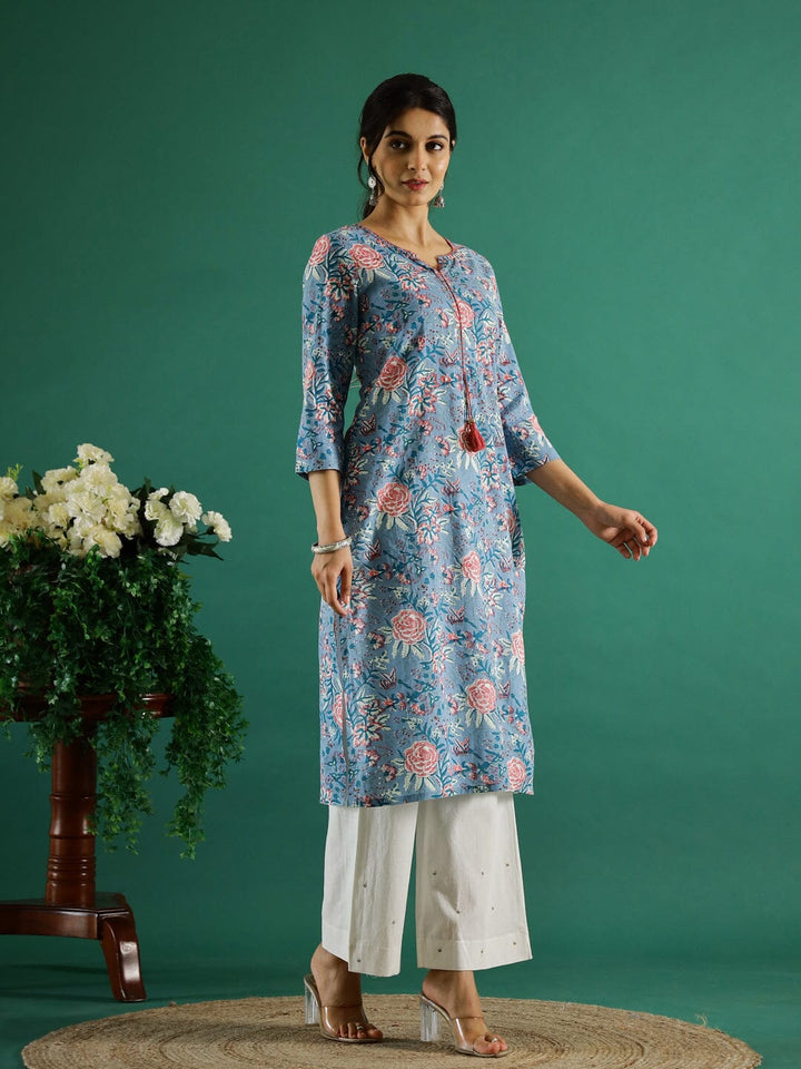 Blue Flower Printed Round Neck Cotton Kurta Kurti SANSKRUTI HOMES 