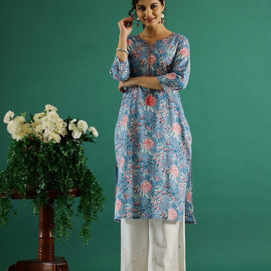 Blue Flower Printed Round Neck Cotton Kurta Kurti SANSKRUTI HOMES 