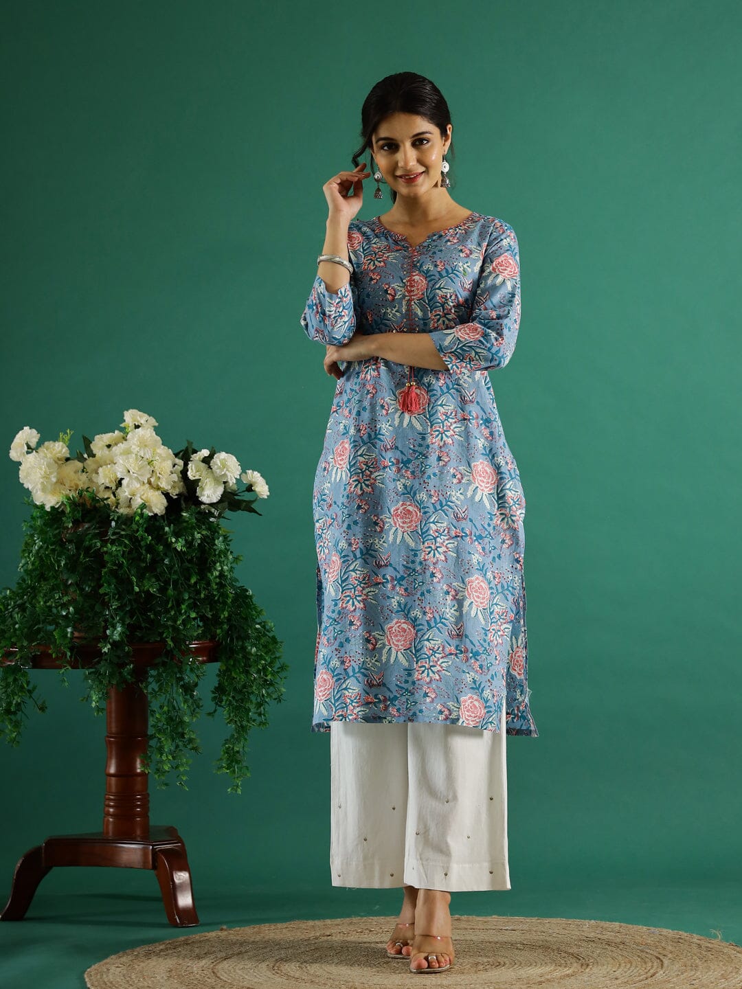 Blue Flower Printed Round Neck Cotton Kurta Kurti SANSKRUTI HOMES 