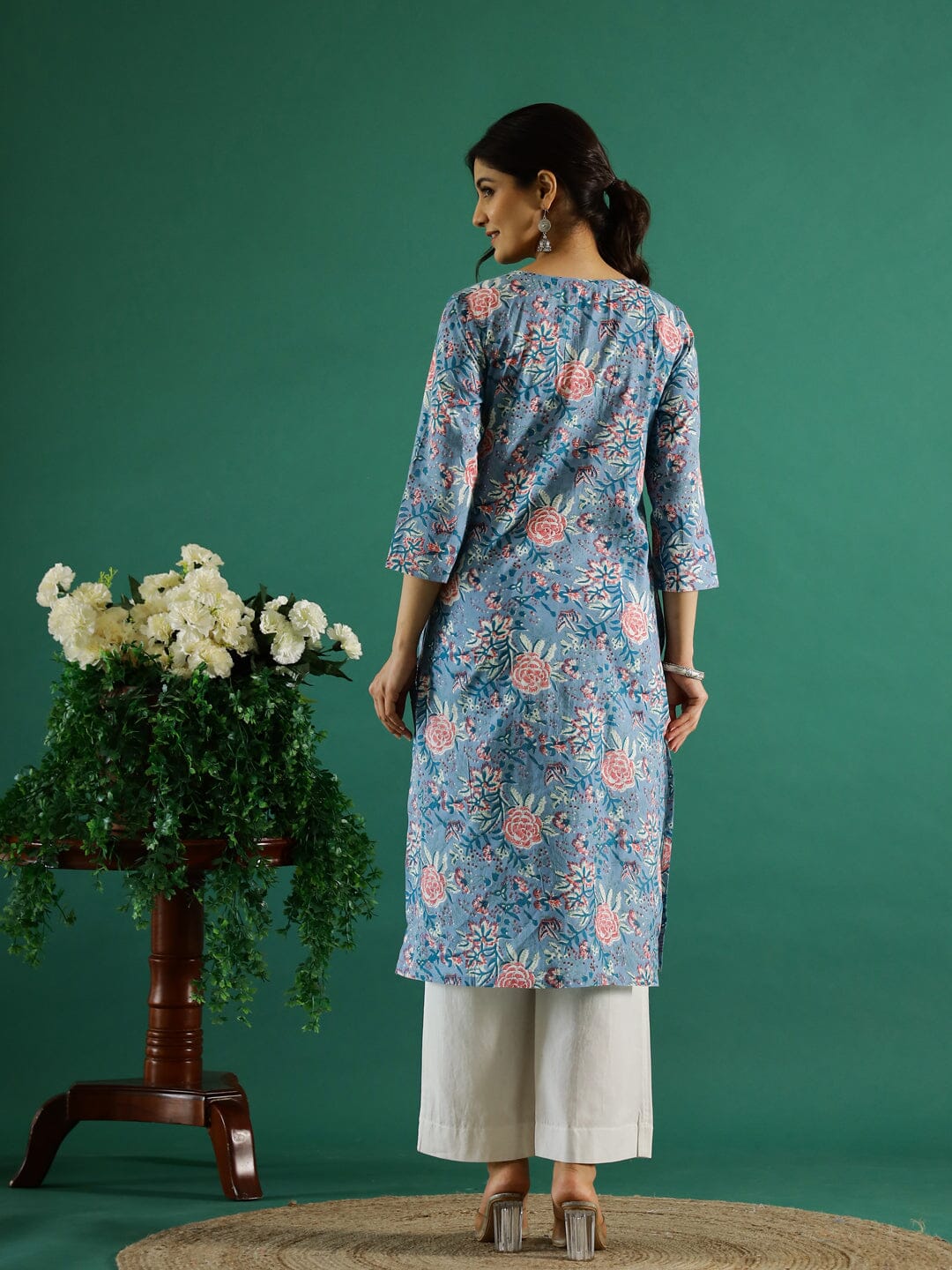 Blue Flower Printed Round Neck Cotton Kurta Kurti SANSKRUTI HOMES 