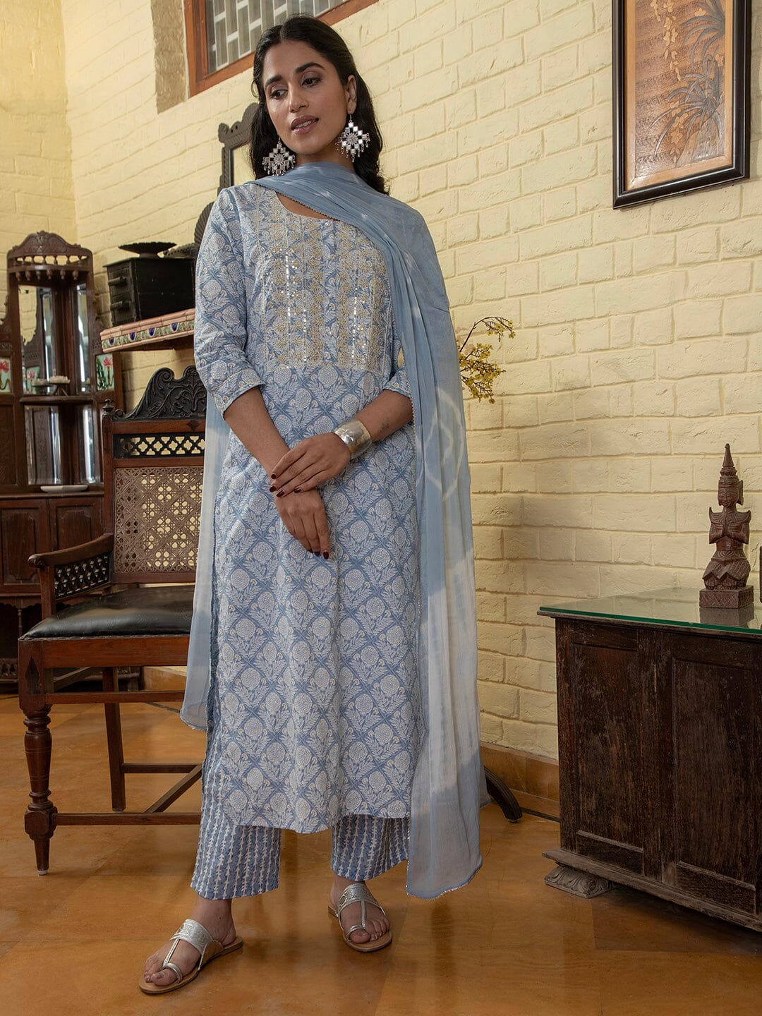 Blue Flower Printed Round Neck Cotton Kurta Set Kurti set Rangdeep-Fashions 