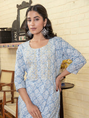 Blue Flower Printed Round Neck Cotton Kurta Set Kurti set Rangdeep-Fashions 