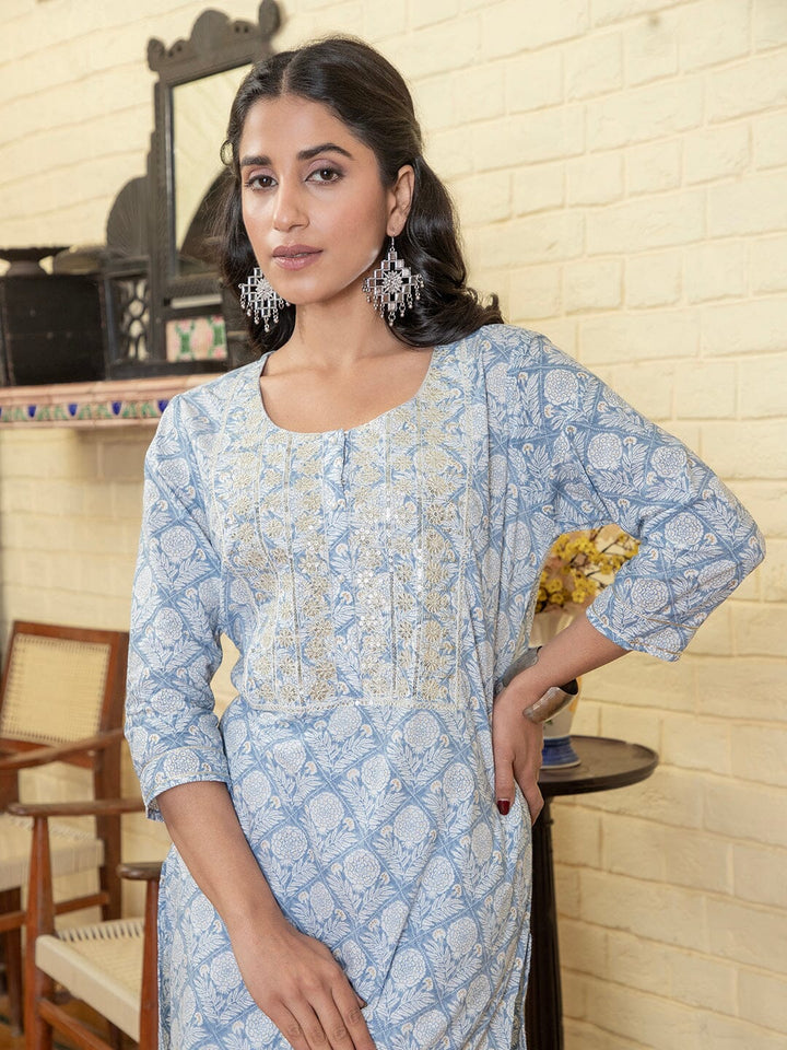 Blue Flower Printed Round Neck Cotton Kurta Set Kurti set Rangdeep-Fashions 