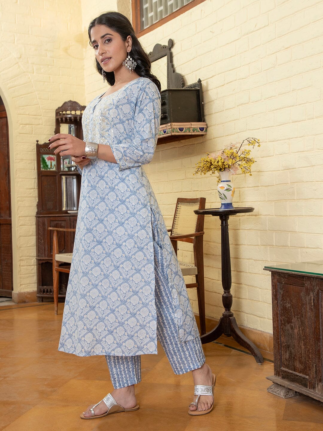 Blue Flower Printed Round Neck Cotton Kurta Set Kurti set Rangdeep-Fashions 