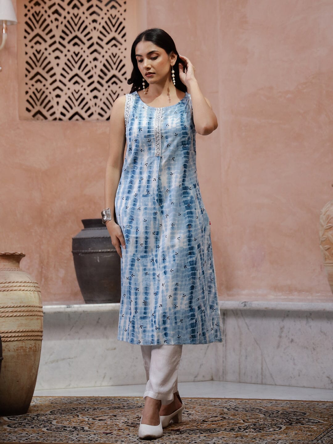 Blue Flower Printed Sleeveless Kurta Kurta set Rangdeep-Fashions 