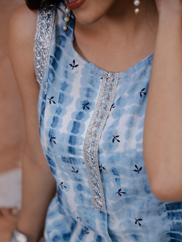 Blue Flower Printed Sleeveless Kurta Kurta set Rangdeep-Fashions 