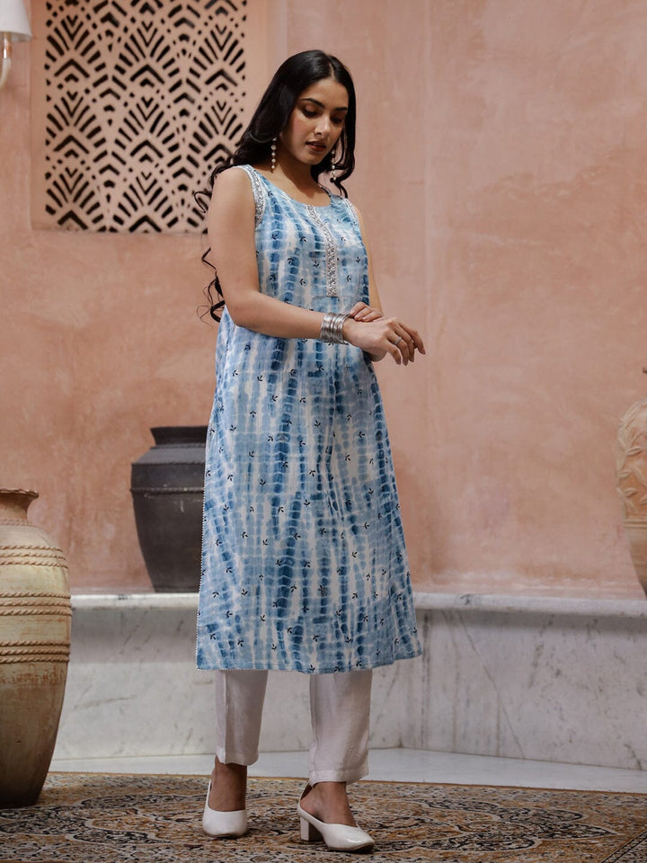 Blue Flower Printed Sleeveless Kurta Kurta set Rangdeep-Fashions 