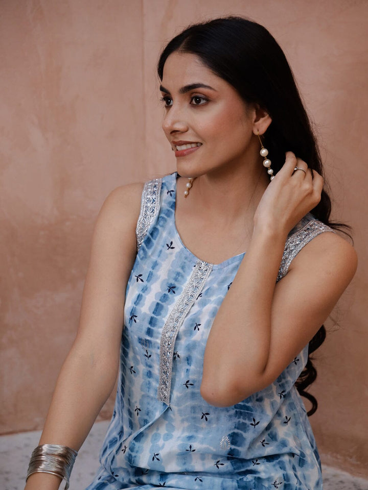Blue Flower Printed Sleeveless Kurta Kurta set Rangdeep-Fashions 
