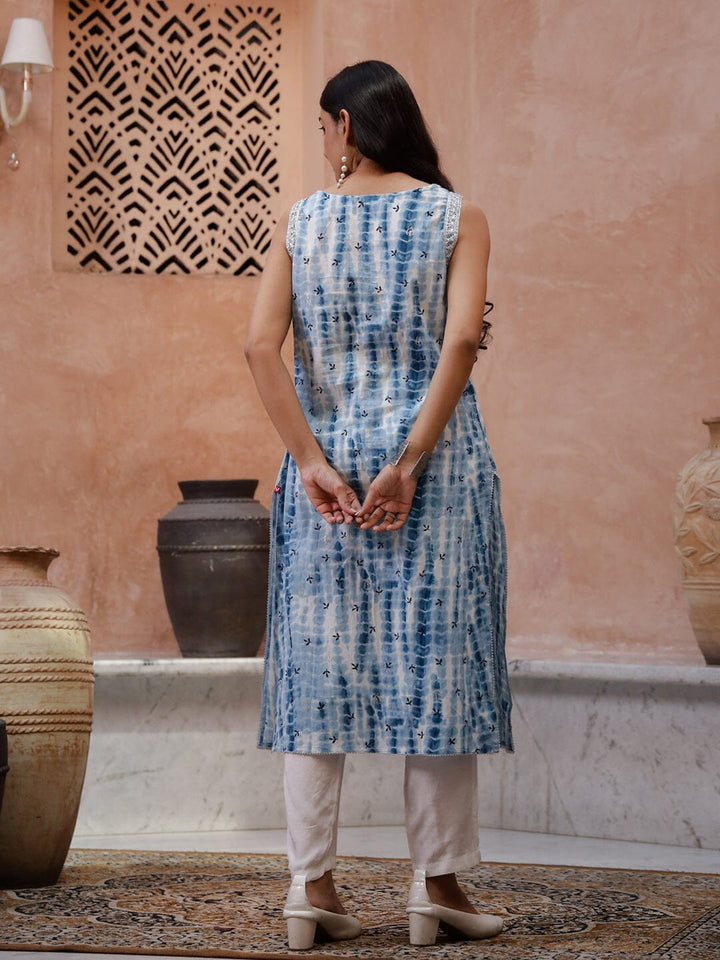 Blue Flower Printed Sleeveless Kurta Kurta set Rangdeep-Fashions 