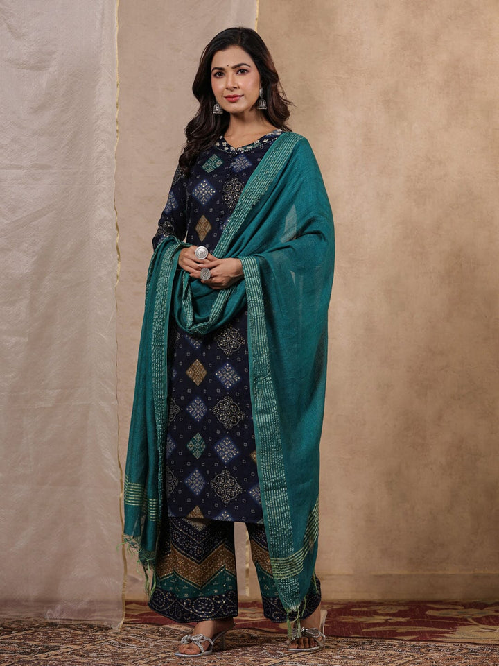 Blue Printed Kurta Set with Dupatta Kurta set Rangdeep-Fashions 