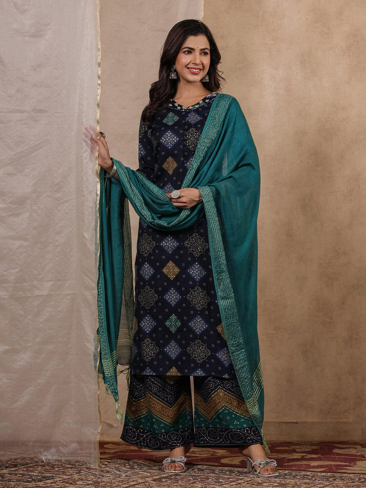 Blue Printed Kurta Set with Dupatta Kurta set Rangdeep-Fashions 