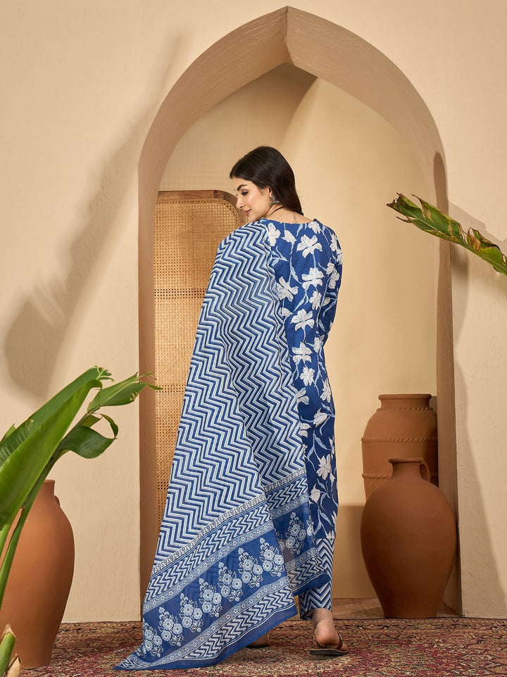 blue Printed Round Neck Pure Cotton Kurta Set for Women Kurta set Rangdeep-Fashions 