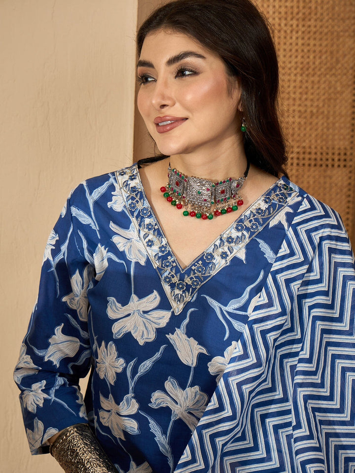 blue Printed Round Neck Pure Cotton Kurta Set for Women Kurta set Rangdeep-Fashions 