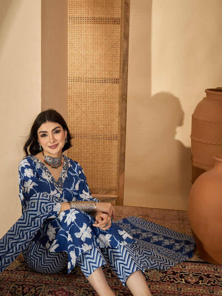 blue Printed Round Neck Pure Cotton Kurta Set for Women Kurta set Rangdeep-Fashions 