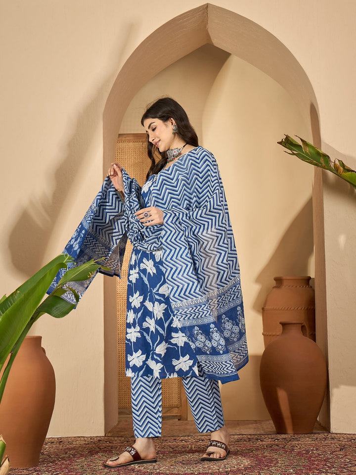 blue Printed Round Neck Pure Cotton Kurta Set for Women Kurta set Rangdeep-Fashions 