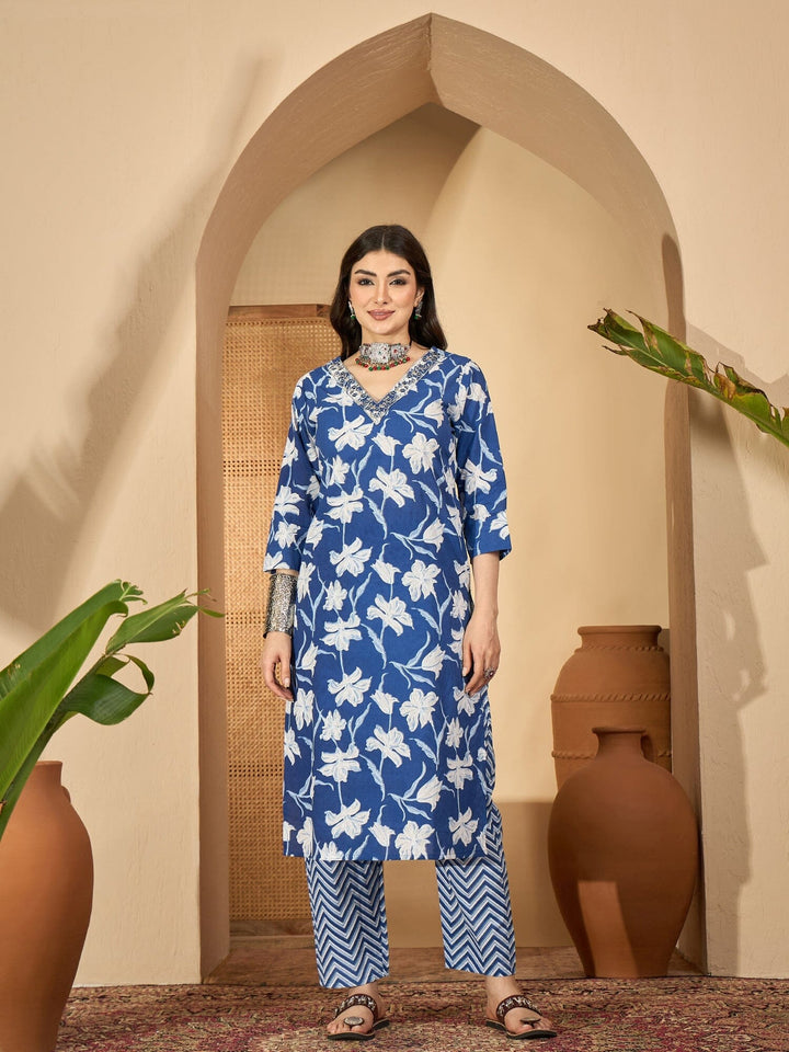 blue Printed Round Neck Pure Cotton Kurta Set for Women Kurta set Rangdeep-Fashions 