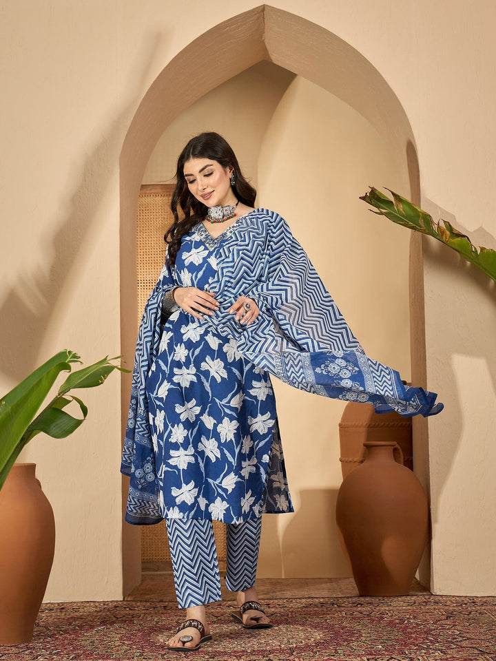 blue Printed Round Neck Pure Cotton Kurta Set for Women Kurta set Rangdeep-Fashions 