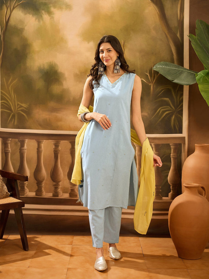 Blue Pure Cotton V-Neck Kurta Set For Women Kurta set Rangdeep-Fashions 
