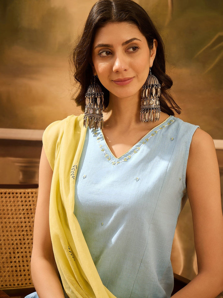 Blue Pure Cotton V-Neck Kurta Set For Women Kurta set Rangdeep-Fashions 