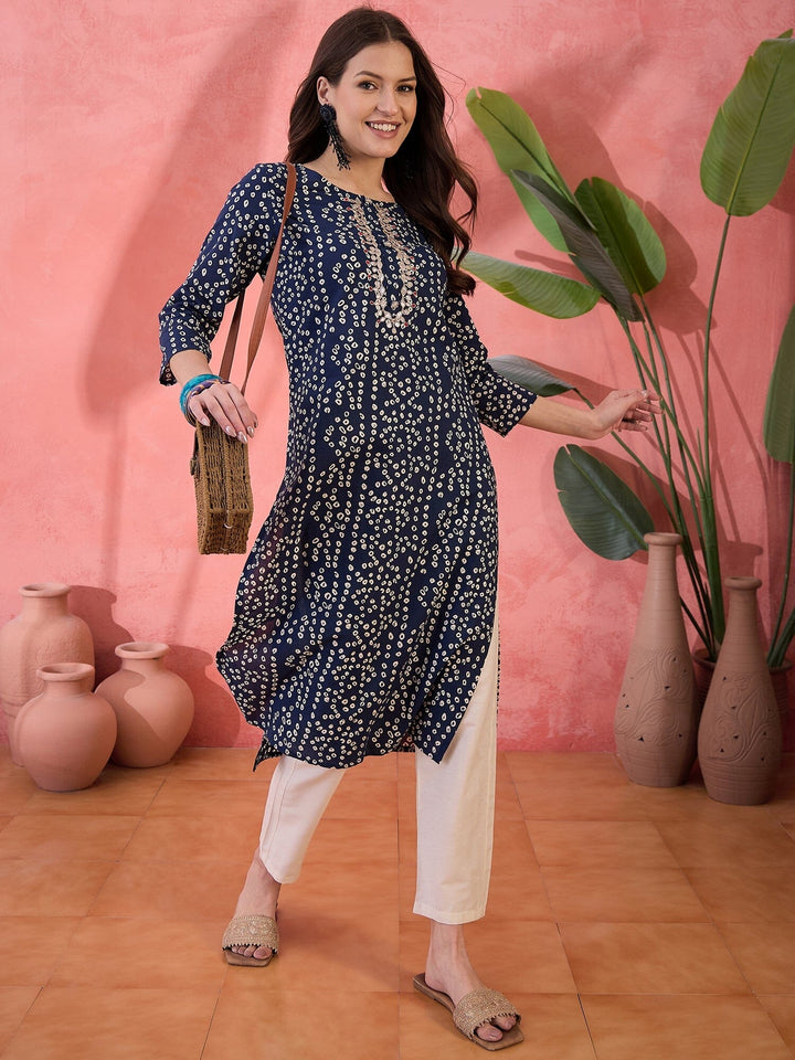 Blue Round Neck Printed Cotton Kurta Kurta Rangdeep-Fashions 