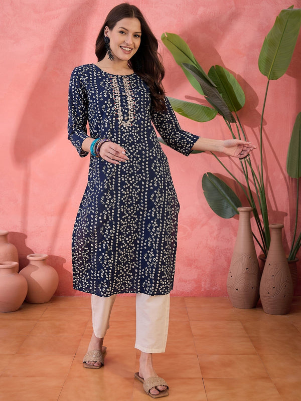 Blue Round Neck Printed Cotton Kurta Kurta Rangdeep-Fashions 