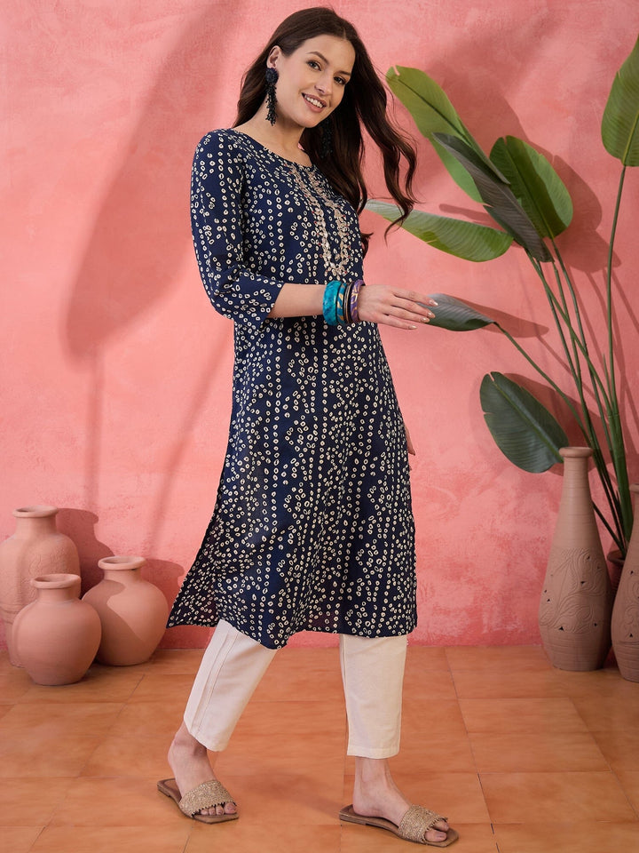 Blue Round Neck Printed Cotton Kurta Kurta Rangdeep-Fashions 