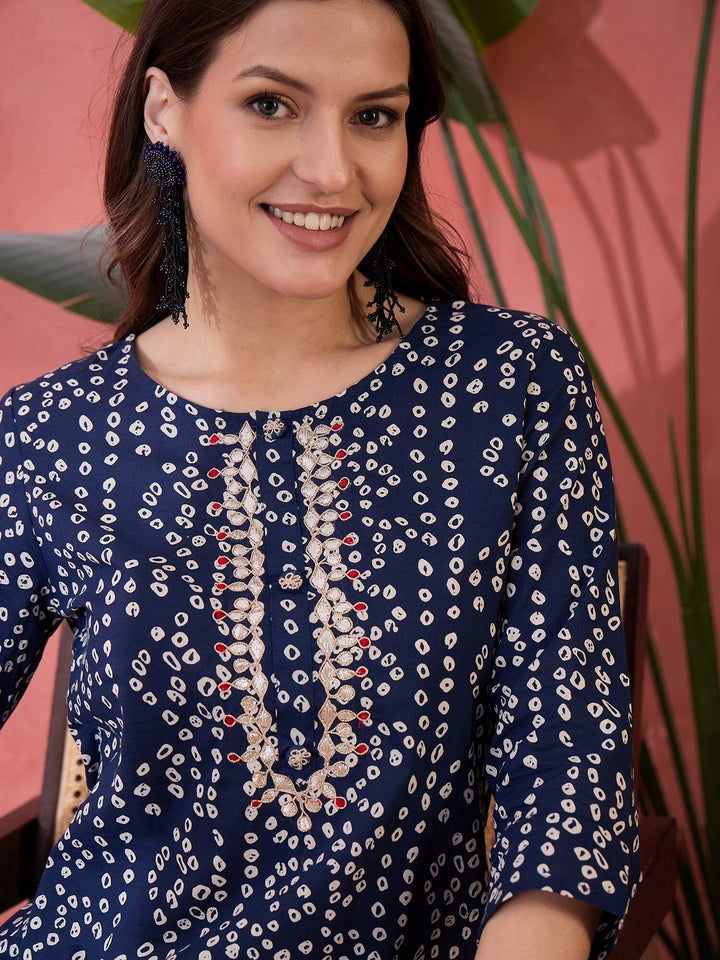 Blue Round Neck Printed Cotton Kurta Kurta Rangdeep-Fashions 