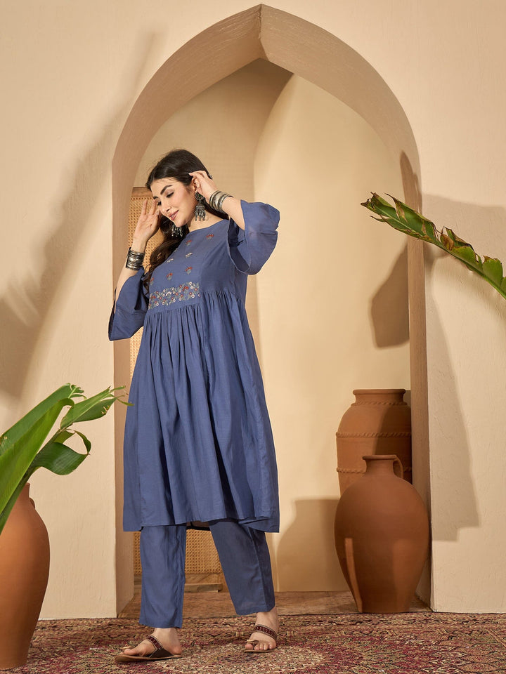 Blue Solid Halter Neck Viscose Rayon Kurta Set for Women Kurta set Rangdeep-Fashions 