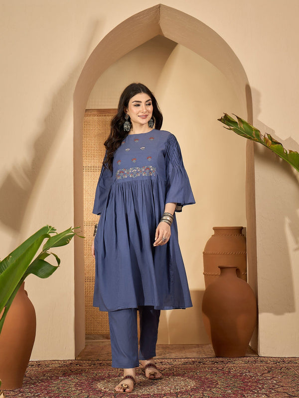 Blue Solid Halter Neck Viscose Rayon Kurta Set for Women Kurta set Rangdeep-Fashions 