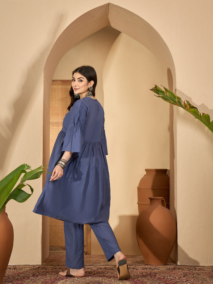 Blue Solid Halter Neck Viscose Rayon Kurta Set for Women Kurta set Rangdeep-Fashions 