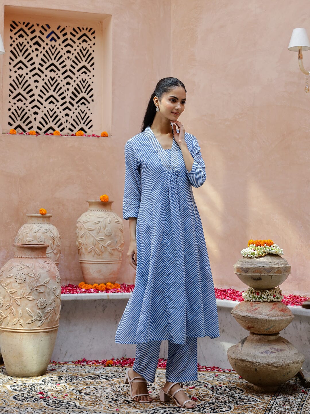 Blue Striped Printed V-Neck Cotton Kurta Set Kurti set Rangdeep-Fashions 