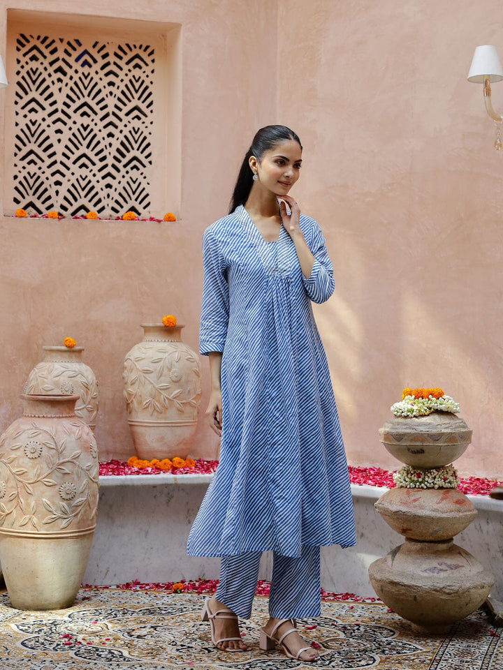 Blue Striped Printed V-Neck Cotton Kurta Set Kurti set Rangdeep-Fashions 