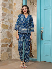 Blue V-Neck Cotton Co-ords Set Co-ord Sets Rangdeep-Fashions 