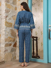 Blue V-Neck Cotton Co-ords Set Co-ord Sets Rangdeep-Fashions 