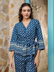 Blue V-Neck Cotton Co-ords Set Co-ord Sets Rangdeep-Fashions 