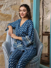 Blue V-Neck Cotton Co-ords Set Co-ord Sets Rangdeep-Fashions 