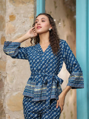 Blue V-Neck Cotton Co-ords Set Co-ord Sets Rangdeep-Fashions 