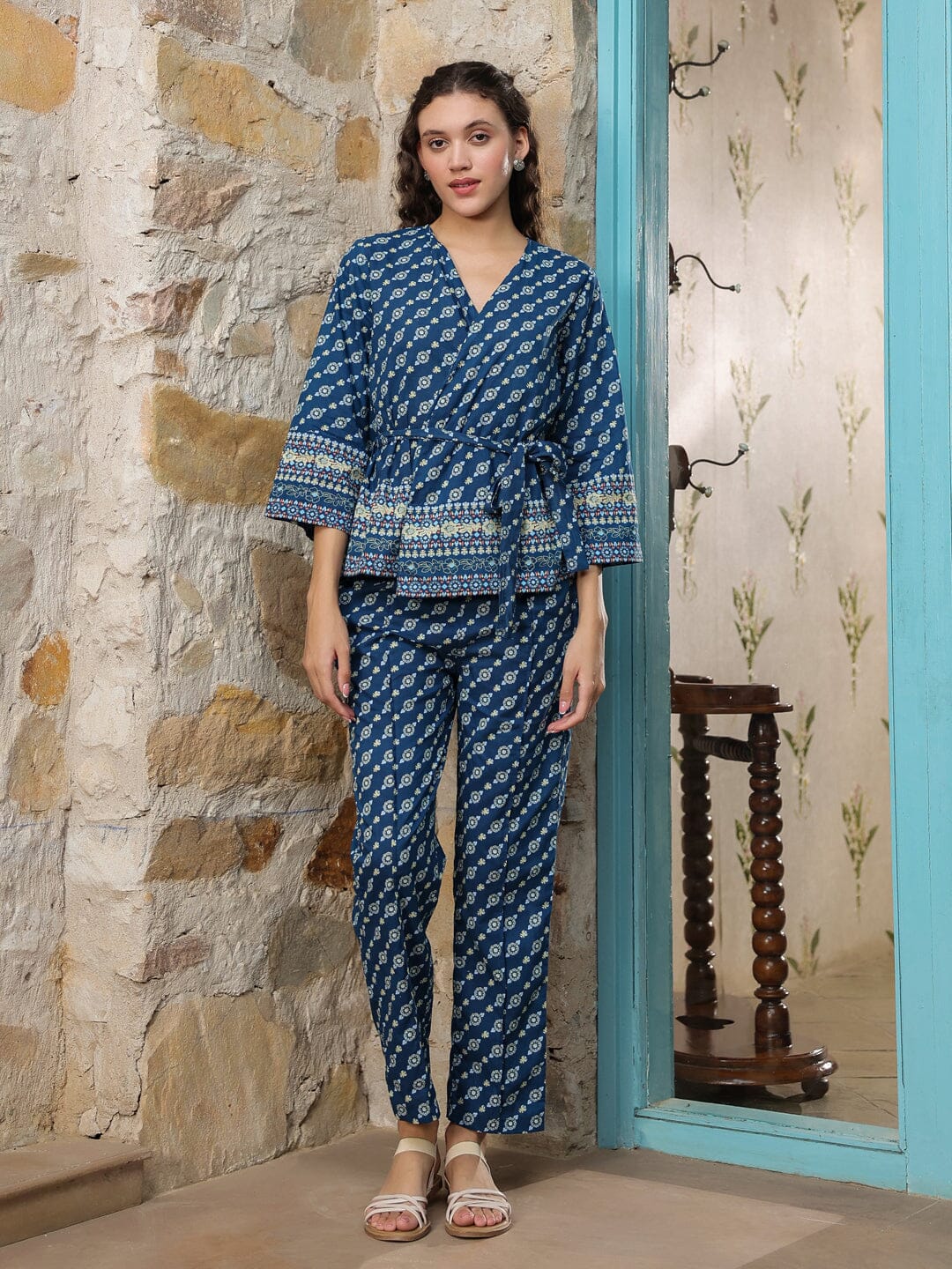 Blue V-Neck Cotton Co-ords Set Co-ord Sets Rangdeep-Fashions 