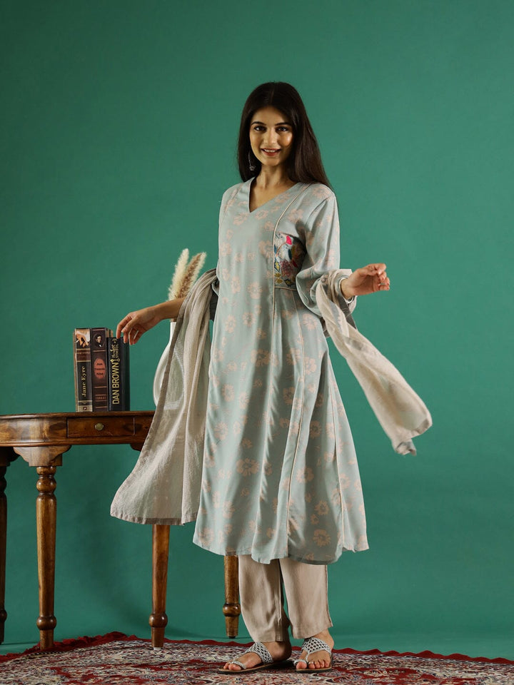 Blue V-Neck Floral Printed Kurta Set Kurta set Rangdeep-Fashions 