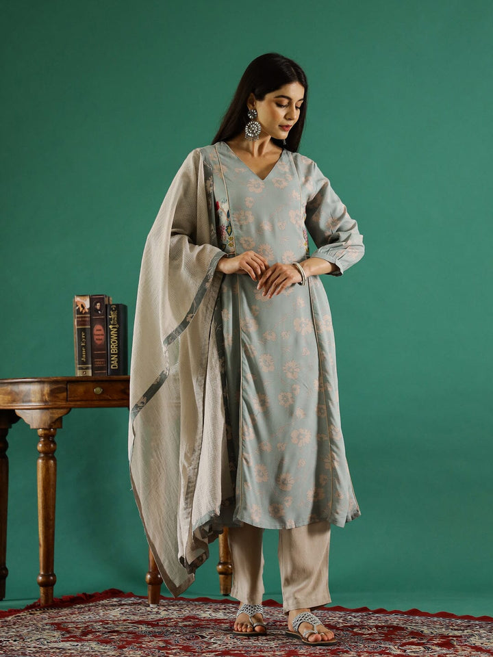 Blue V-Neck Floral Printed Kurta Set Kurta set Rangdeep-Fashions 