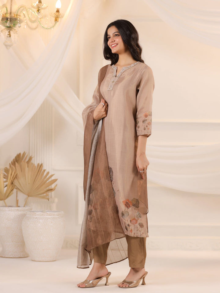 Brown Floral Printed Kurta Set With Dupatta for Women Kurta set Rangdeep-Fashions 