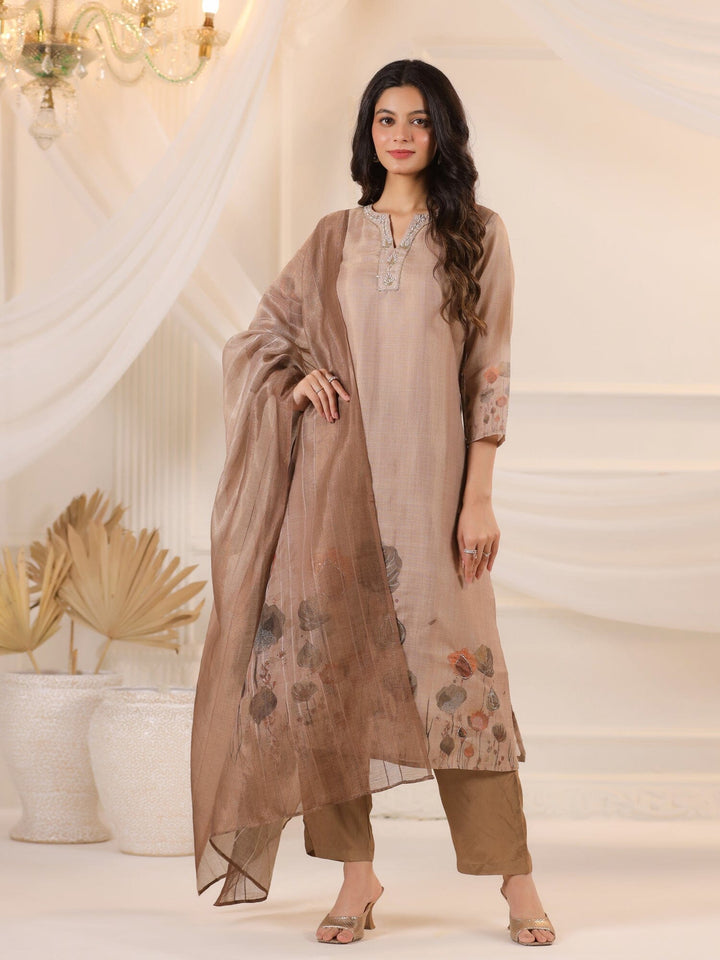 Brown Floral Printed Kurta Set With Dupatta for Women Kurta set Rangdeep-Fashions 