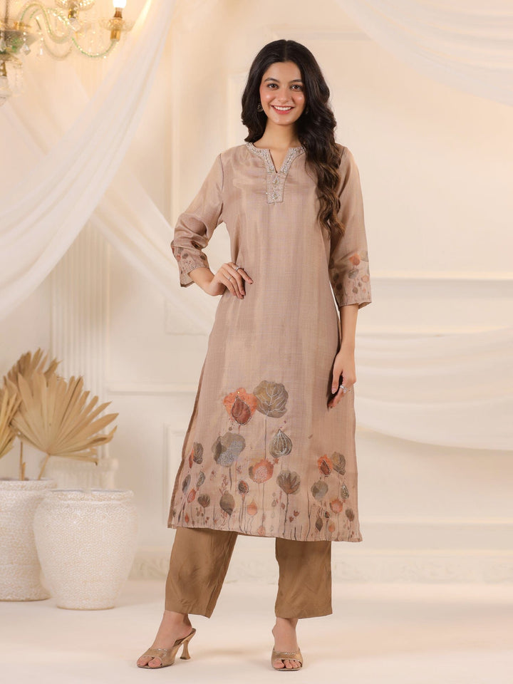 Brown Floral Printed Kurta Set With Dupatta for Women Kurta set Rangdeep-Fashions 