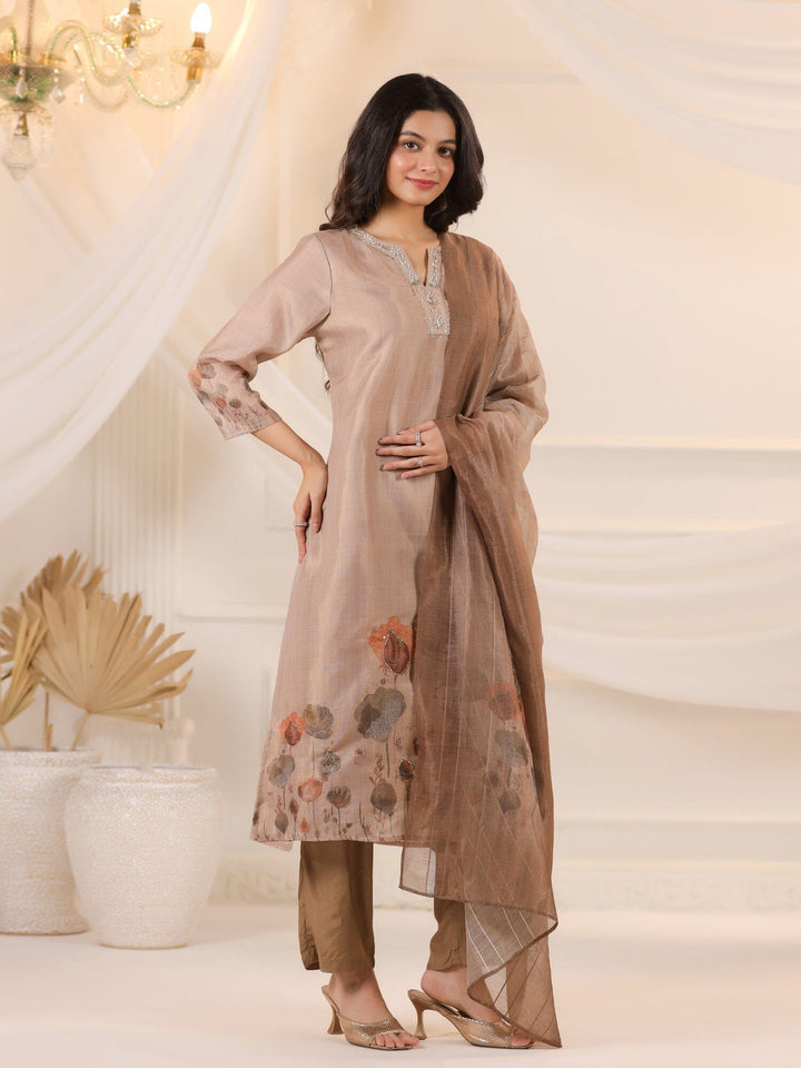 Brown Floral Printed Kurta Set With Dupatta for Women Kurta set Rangdeep-Fashions 