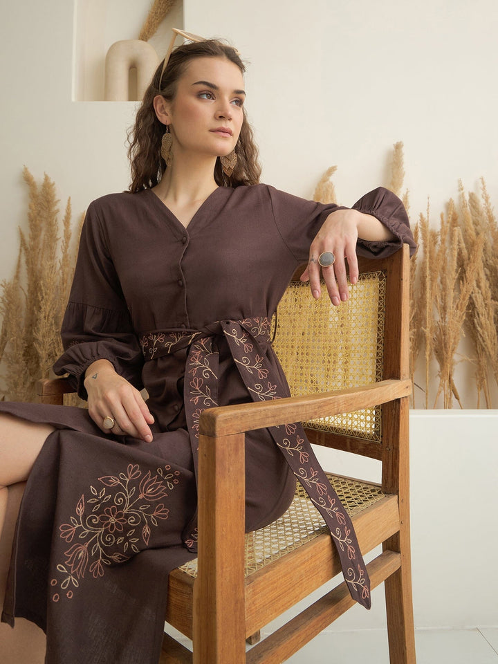 Brown Printed V-Neck Dress with Belt for Women dress Rangdeep-Fashions 