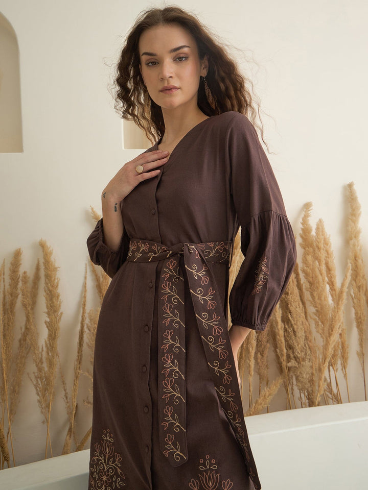 Brown Printed V-Neck Dress with Belt for Women dress Rangdeep-Fashions 