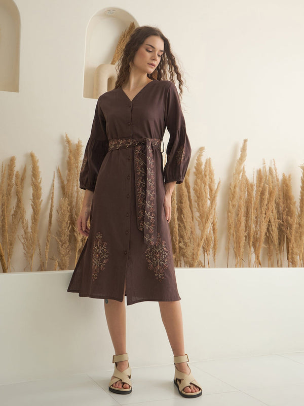Brown Printed V-Neck Dress with Belt for Women dress Rangdeep-Fashions 
