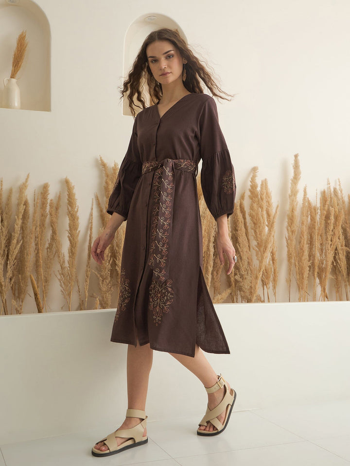 Brown Printed V-Neck Dress with Belt for Women dress Rangdeep-Fashions 
