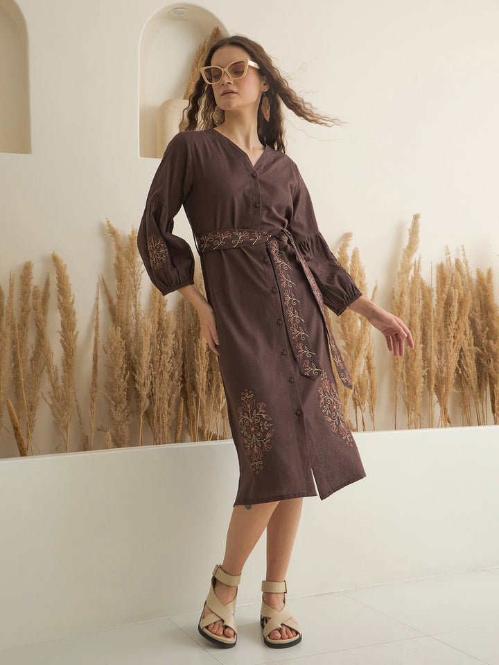 Brown Printed V-Neck Dress with Belt for Women dress Rangdeep-Fashions 